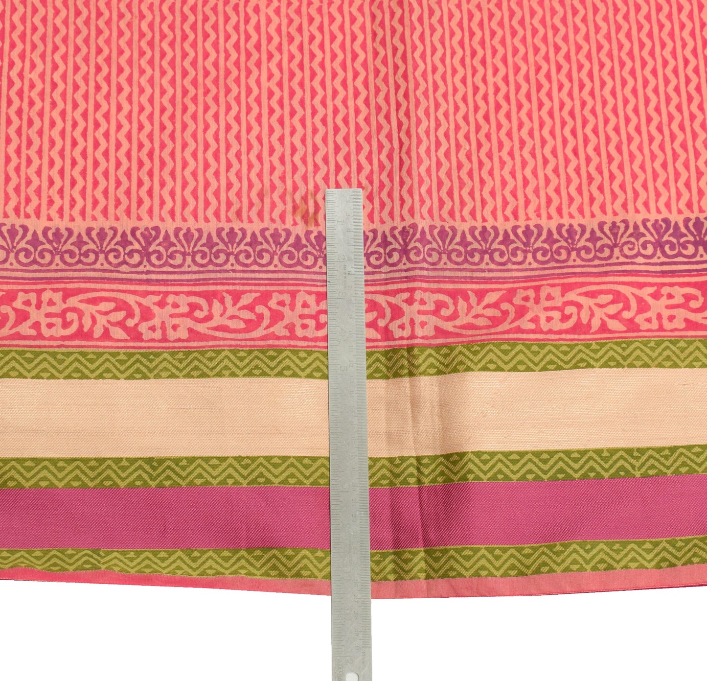 Sushila Vintage Peach Hand Block Saree with Woven Border Pure Cotton Silk Sari