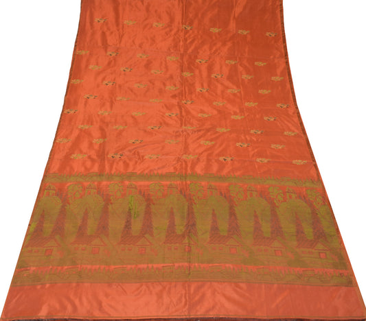 Sushila Vintage Rust Saree 100% Pure Silk Woven Floral Soft 6 Yard Sari Fabric