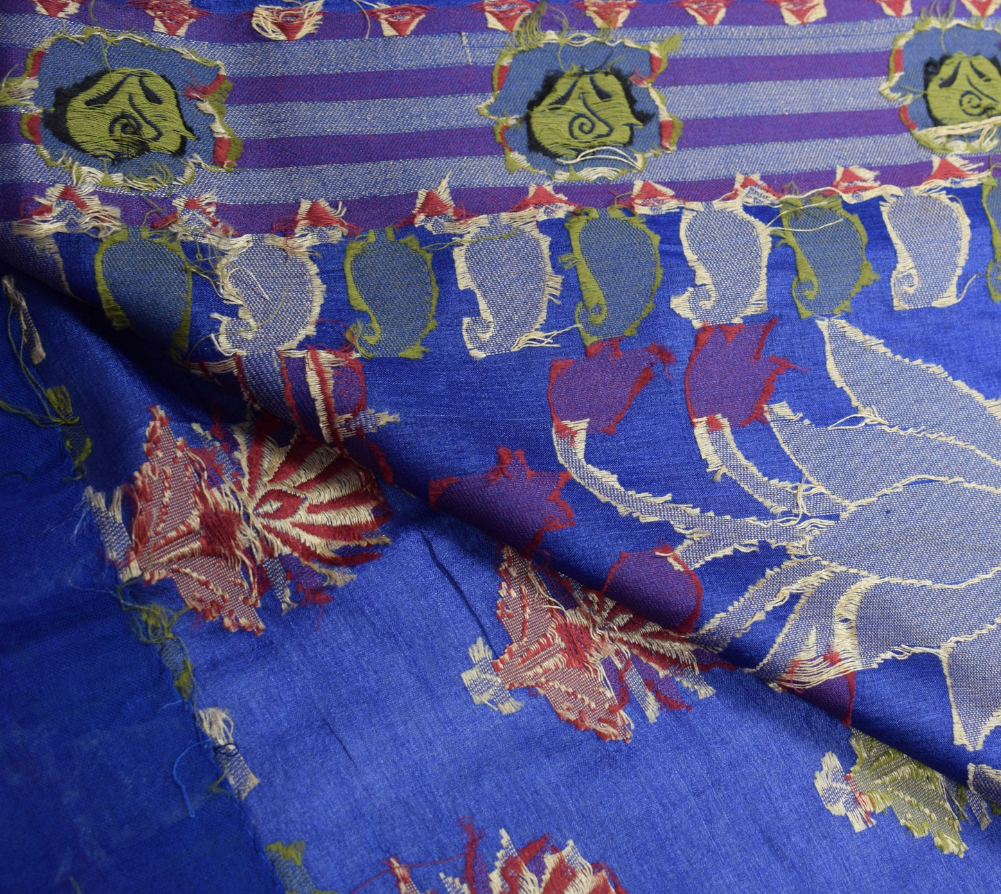 Sushila Vintage Blue Floral Saree Pure Tussar Silk All Over Woven Sari Fabric