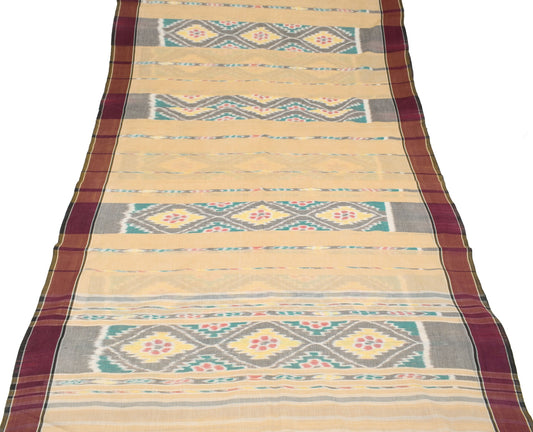 Sushila Vintage Beige Saree HandWoven Ikat Patola Pure Cotton Sari Craft Fabric