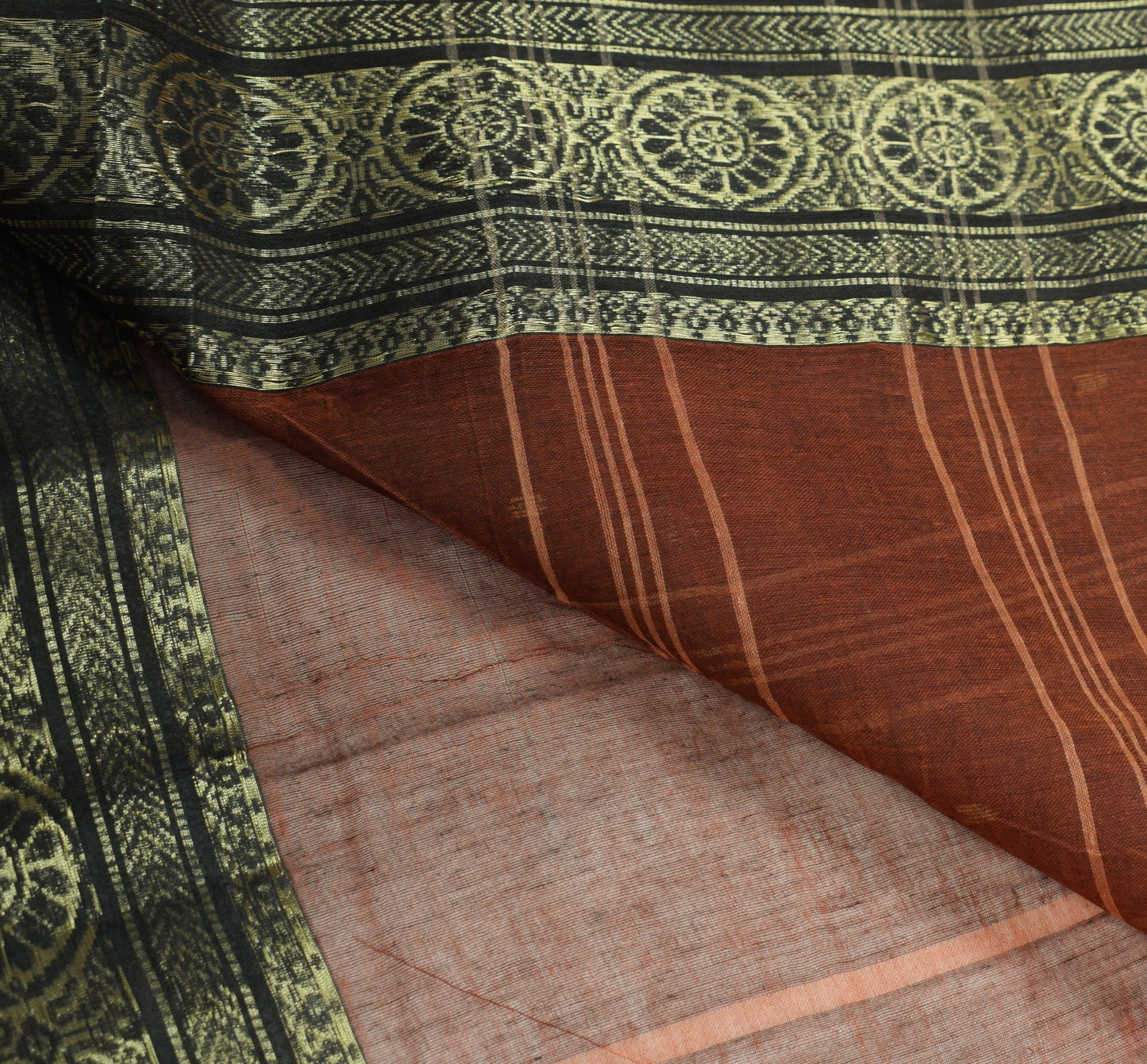 Sushila Vintage Brown Tant Sari from Bengal Woven Border Stripes Pallu Saree