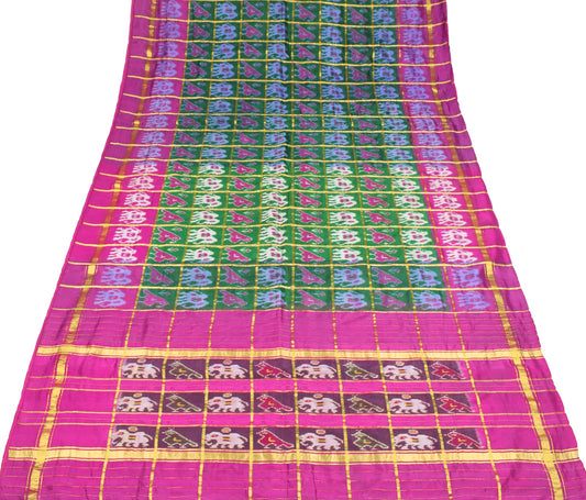 Sushila Vintage Green Patola Saree Pure Silk Handloom Checks Ikat Sari Fabric
