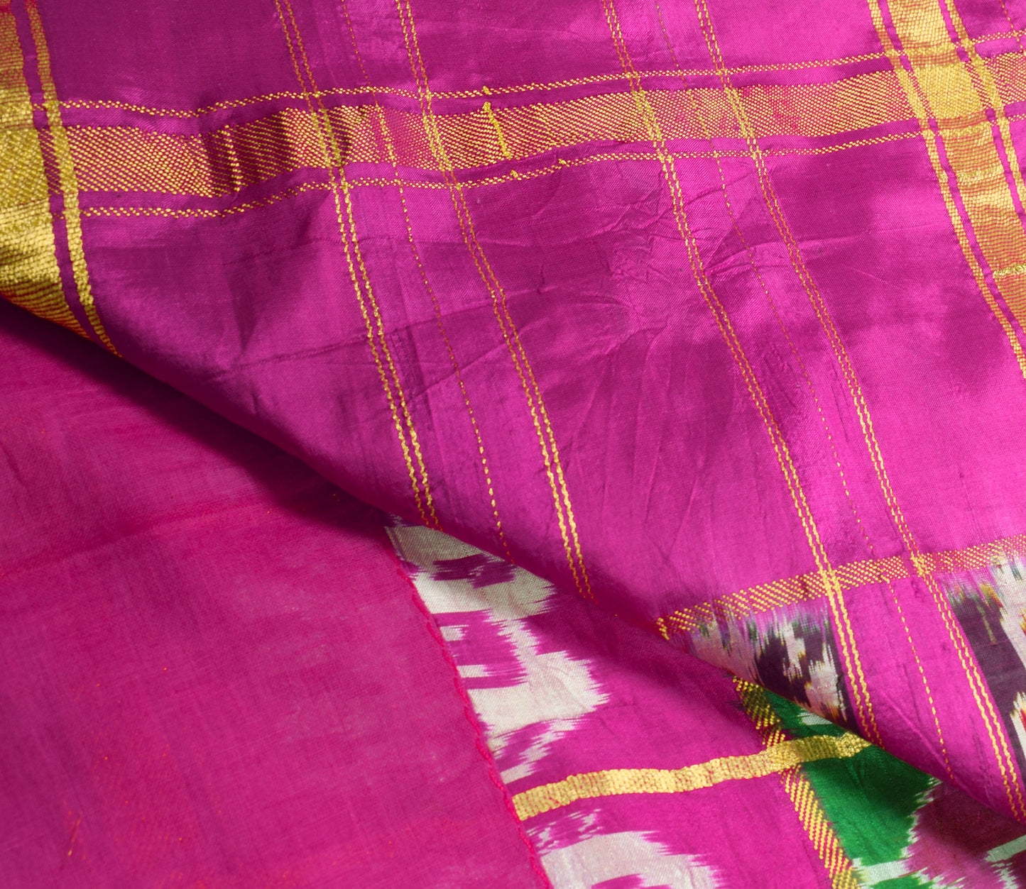 Sushila Vintage Green Patola Saree Pure Silk Handloom Checks Ikat Sari Fabric