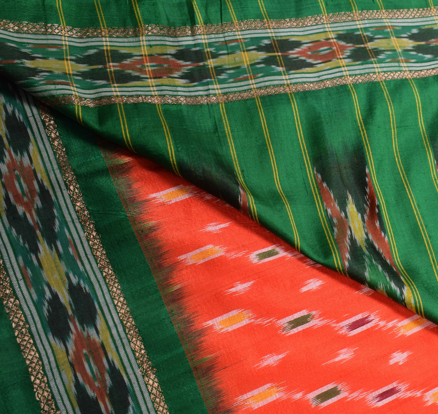 Sushila Vintage Orange Pure Silk Saree Hand Woven Ikat Patola Sari Craft Fabric