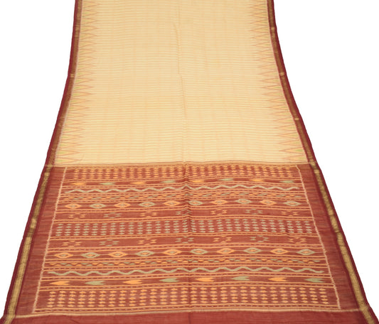 Sushila Vintage Cream Saree Pure Cotton Silk Hand Woven Ikat Patola Sari Fabric