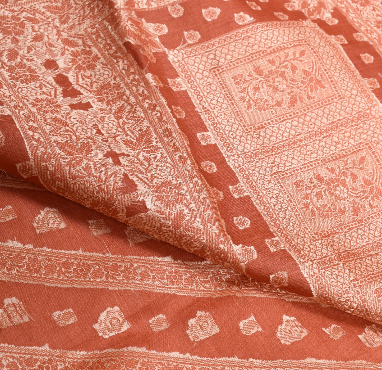Sushila Vintage All Over Woven Floral Saree Pure Tussar Silk Rust Sari Fabric