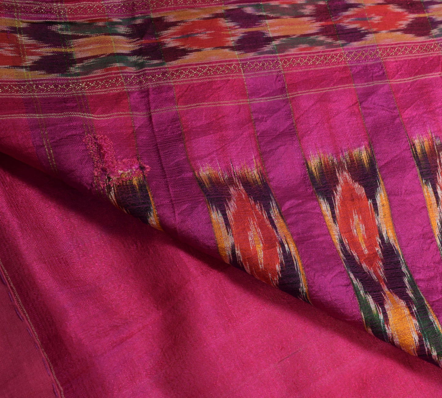 Sushila Vintage Pochampally Ikat Saree Hand Woven Green Magenta Pure Silk Sari