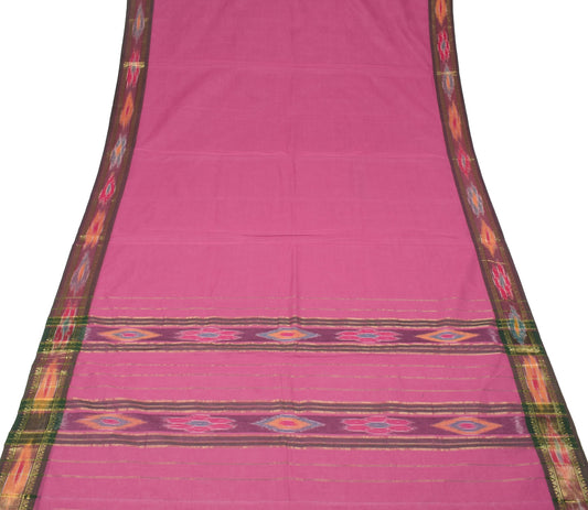 Sushila Vintage Ikat Pink Cotton Saree with Pochampally style Green Border Sari