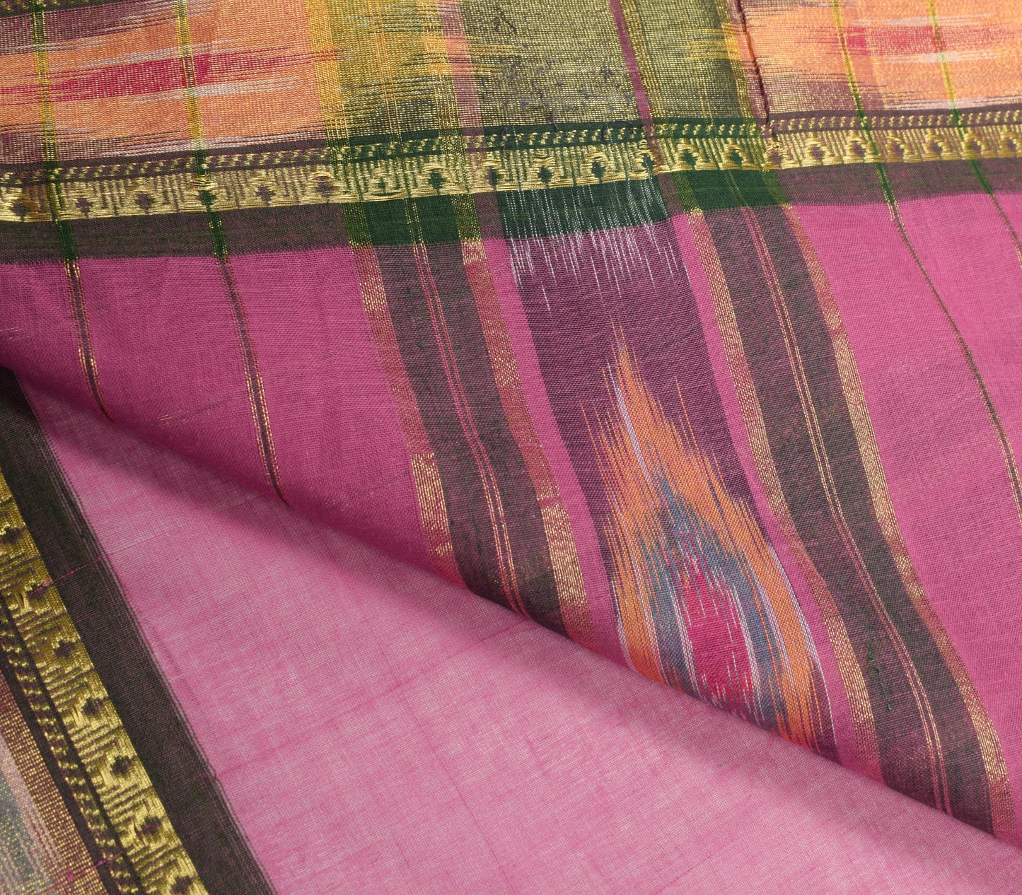 Sushila Vintage Ikat Pink Cotton Saree with Pochampally style Green Border Sari