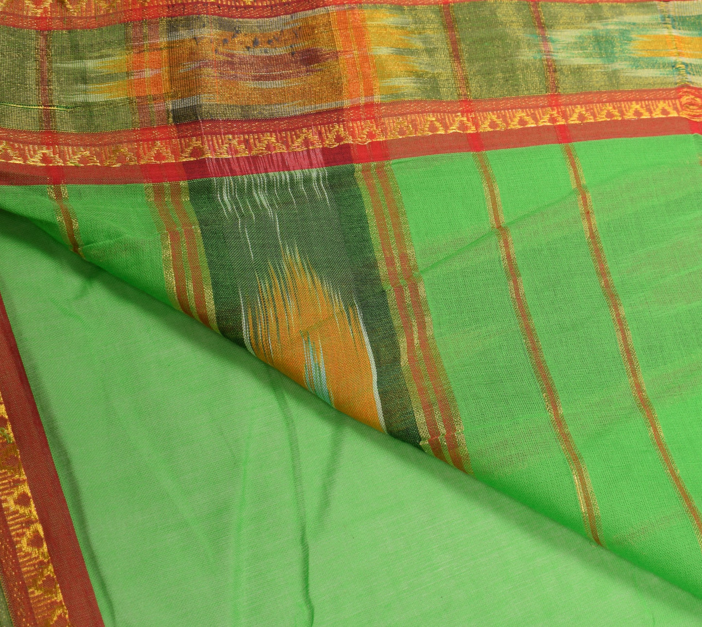 Sushila Vintage Parrot Green Saree HandWoven Ikat Patola Sari Pure Cotton Fabric