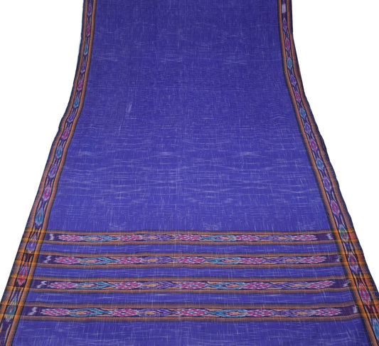 Sushila Vintage Sambalpuri Ikat Saree Handwoven Pure Cotton Blue Sari 5YD Fabric