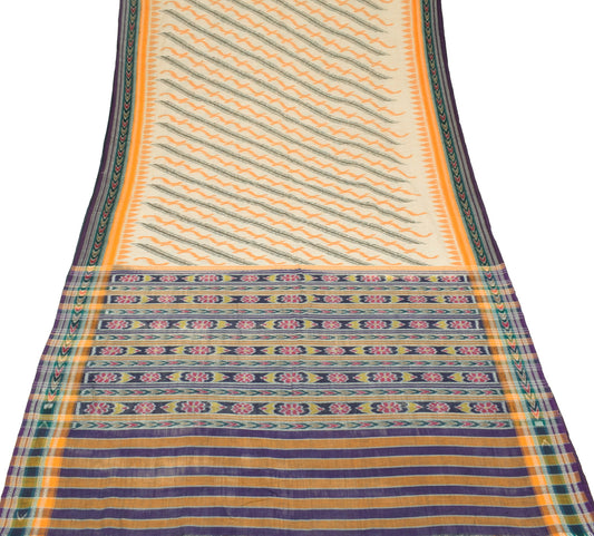 Sushila Vintage Sambalpuri Handloom Ikat Saree Pure Cotton Cream Woven Fabric
