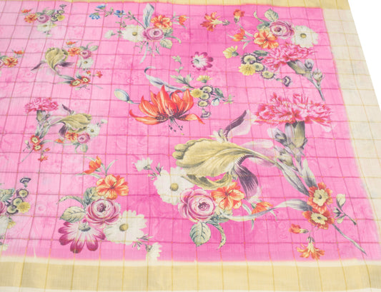 Sushila Vintage Pink Floral Saree Art Linen Digital Printed & Woven Sari Fabric