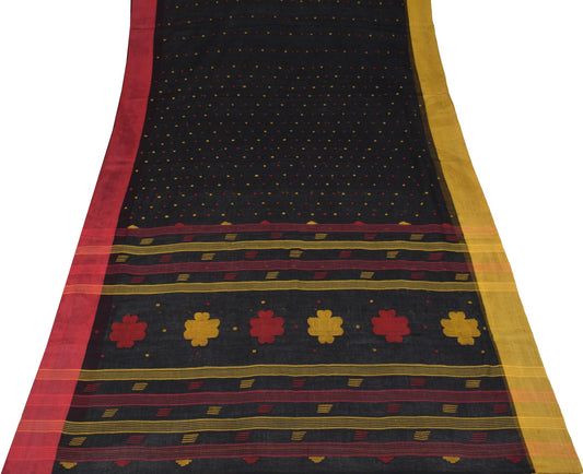 Sushila Vintage Bengal Tant Woven Saree Pure Cotton Black Handloom Sari Fabric