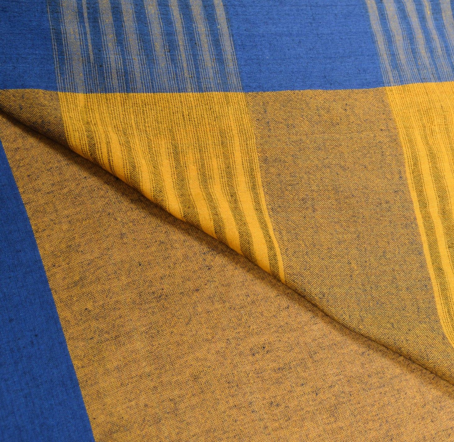 Sushila Vintage Blue Yellow Saree Art Cotton Hands Woven Stripes 6YD Sari Fabric