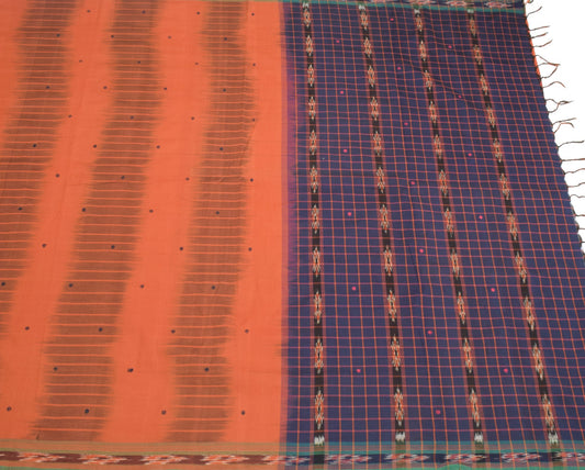 Sushila Vintage Rust Saree Pure Cotton Hand Woven Ikat Patola Sari Craft Fabric