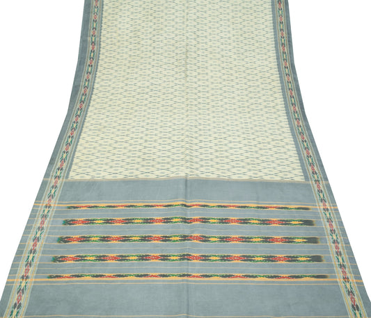 Sushila Vintage Cream Gray Saree Pure Silk Hand Woven Ikat Patola Sari Fabric