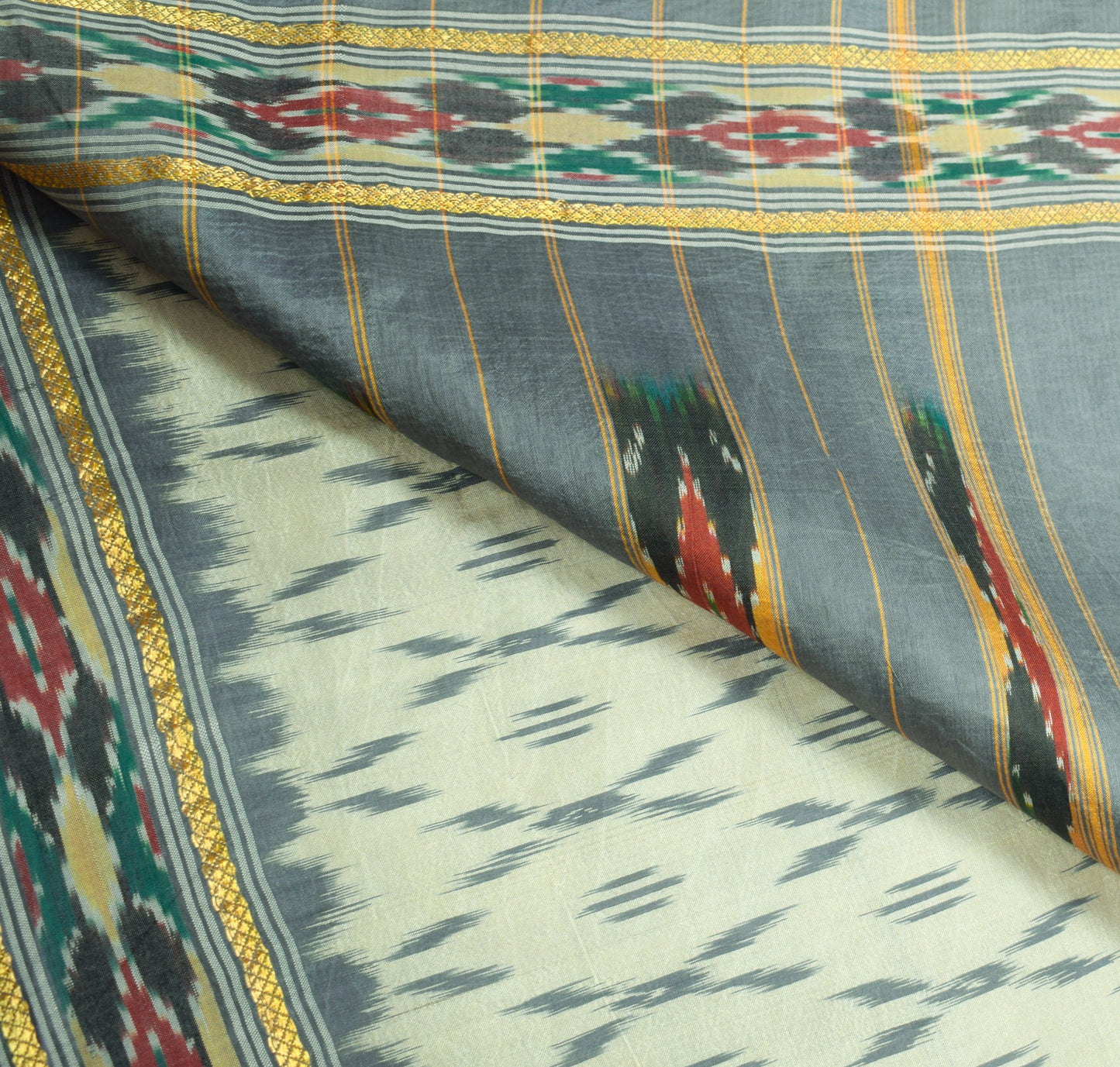 Sushila Vintage Cream Gray Saree Pure Silk Hand Woven Ikat Patola Sari Fabric
