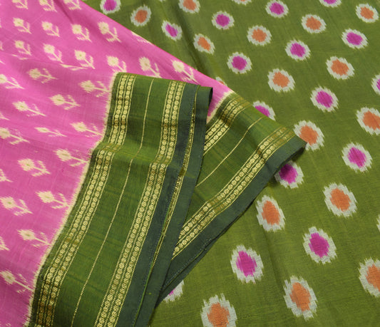 Sushila Vintage Pink and Green Ikat Saree Rudraksha Border Woven Pure Silk Sari