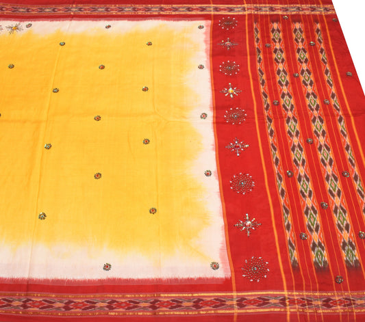Sushila Vintage Yellow Saree Red Ikat Border Pallu Hand Beaded Pure Silk Sari