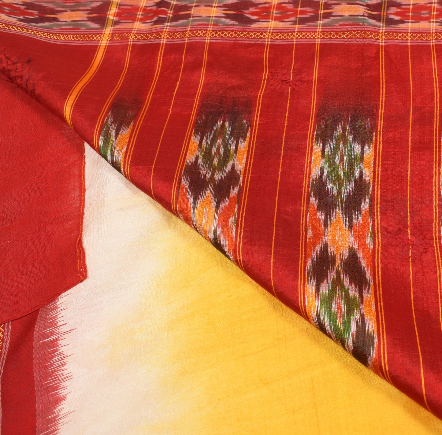 Sushila Vintage Yellow Saree Red Ikat Border Pallu Hand Beaded Pure Silk Sari
