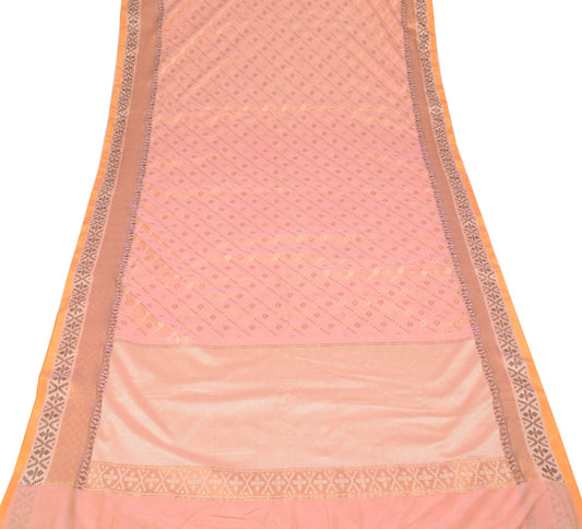 Sushila Vintage Salmon Peach Saree Floral Woven Pure Cotton Silk 5YD Sari Fabric