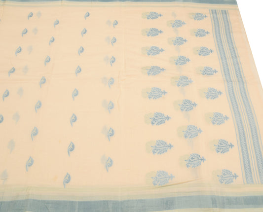 Sushila Vintage Floral Woven Saree Pure Cotton Silk Cream Sari 5 Yd Craft Fabric