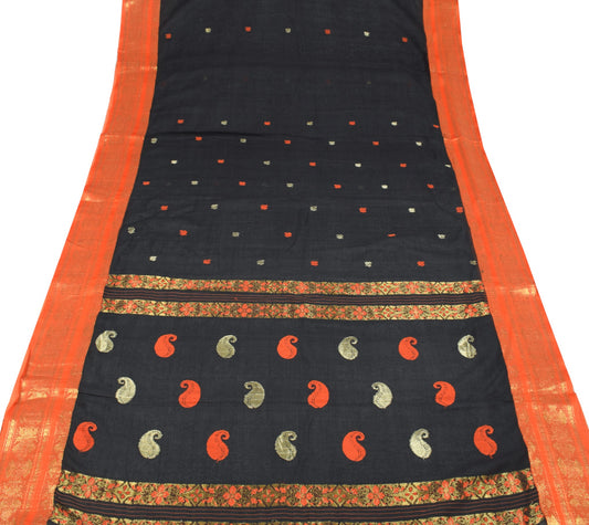 Sushila Vintage Black Bengal Tant Saree Orange Border Pure Cotton Woven Sari