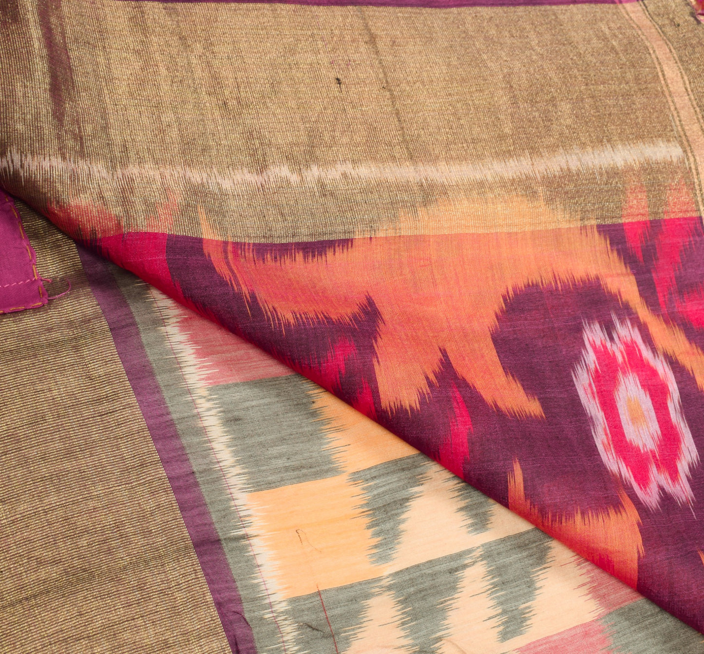 Sushila Vintage Peach Pure Cotton Silk Saree Zari Border Pochampally Ikat Sari