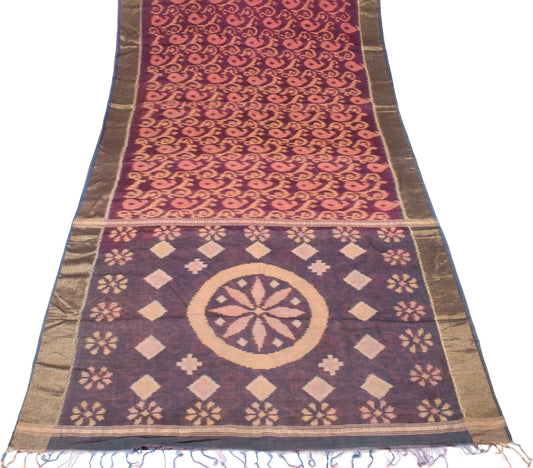 Sushila Vintage Wine Saree Pure Cotton Silk Hand Woven Pochamapally Ikat Sari