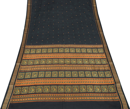 Sushila Vintage Handloom Bomkai Saree PureCotton Rudraksh Fish Border Black Sari