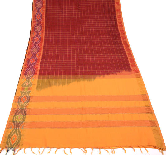 Sushila Vintage Maroon Saree Pure Cotton Silk Hand Woven Ikat with Checks Sari