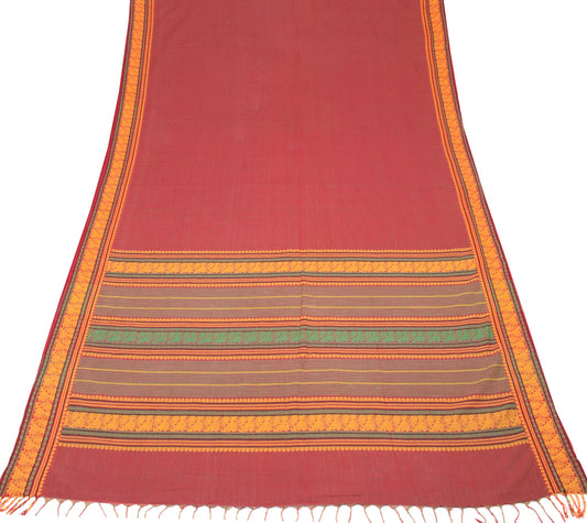 Sushila Vintage Red Green Handloom Saree Peacock Border Pure Cotton Sari Fabric