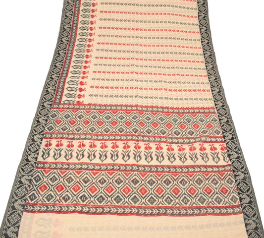 Sushila Vintage Beige Black Ikat Saree Hand Woven Border Pure Cotton Silk Sari
