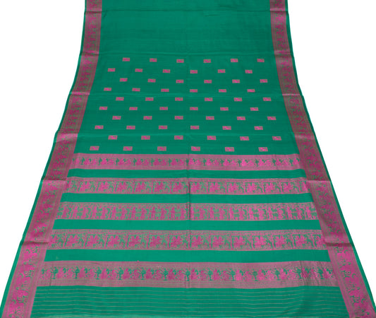 Sushila Vintage Teal Green Saree Pure Cotton Vishnupuri Baluchari Sari Fabric