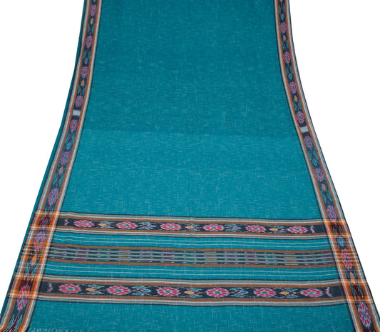 Sushila Vintage Teal Blue Saree Hand Woven Sambalpuri Ikat Pure Cotton 5Yd Sari