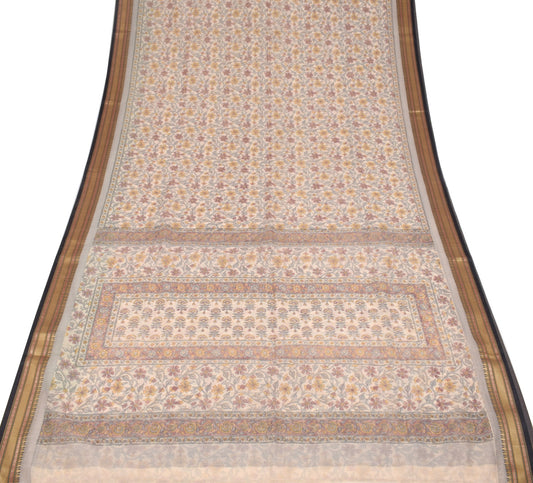 Sushila Vintage Cream Saree Art Cotton Floral Printed Woven Border Sari Fabric