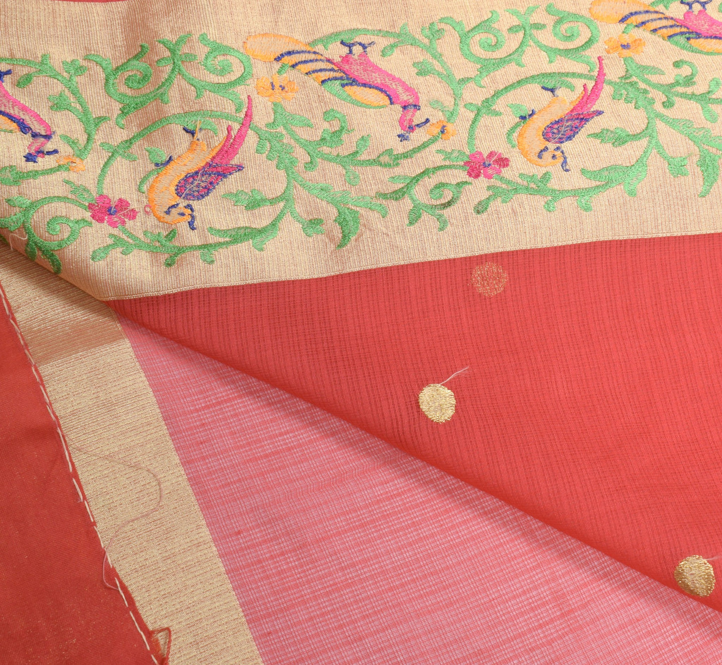 Sushila Vintage Red Paithani Saree Pure Cotton Silk Birds Embroidery Sari Fabric
