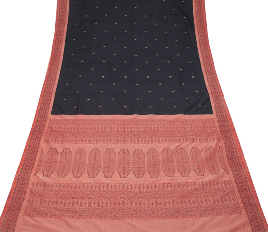Sushila Vintage Black Hand Woven Saree Pure Cotton Silk Paisley Soft Sari Fabric