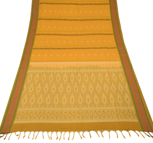 Sushila Vintage Floral Woven Saree Stripe Border Mustard Pure Cotton Sari Fabric