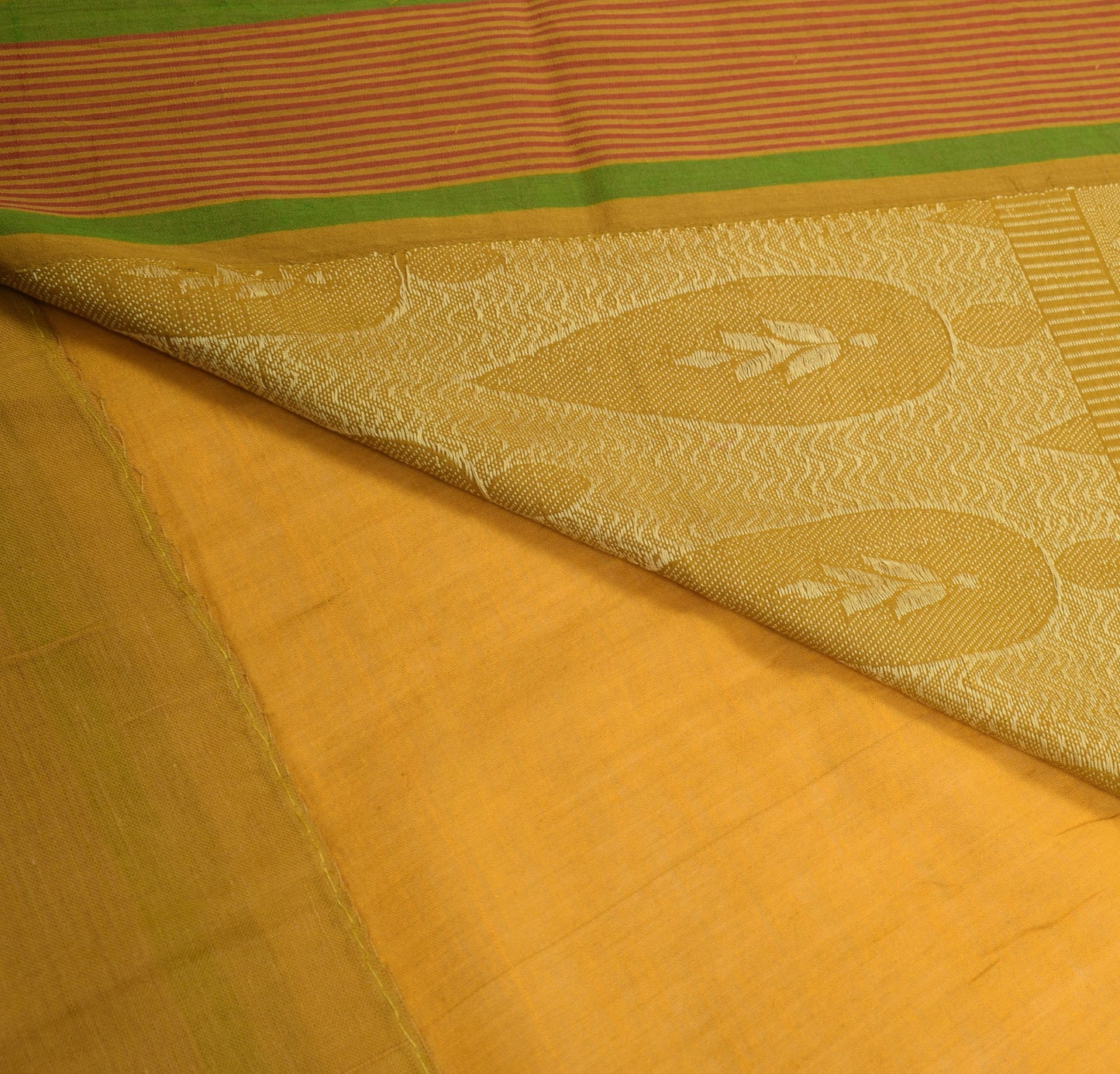 Sushila Vintage Floral Woven Saree Stripe Border Mustard Pure Cotton Sari Fabric