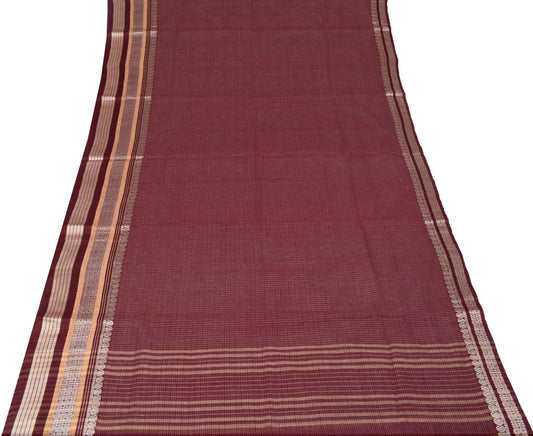 Sushila Vintage Maroon Checks Saree Pure Cotton Broad Border Woven Sari Fabric