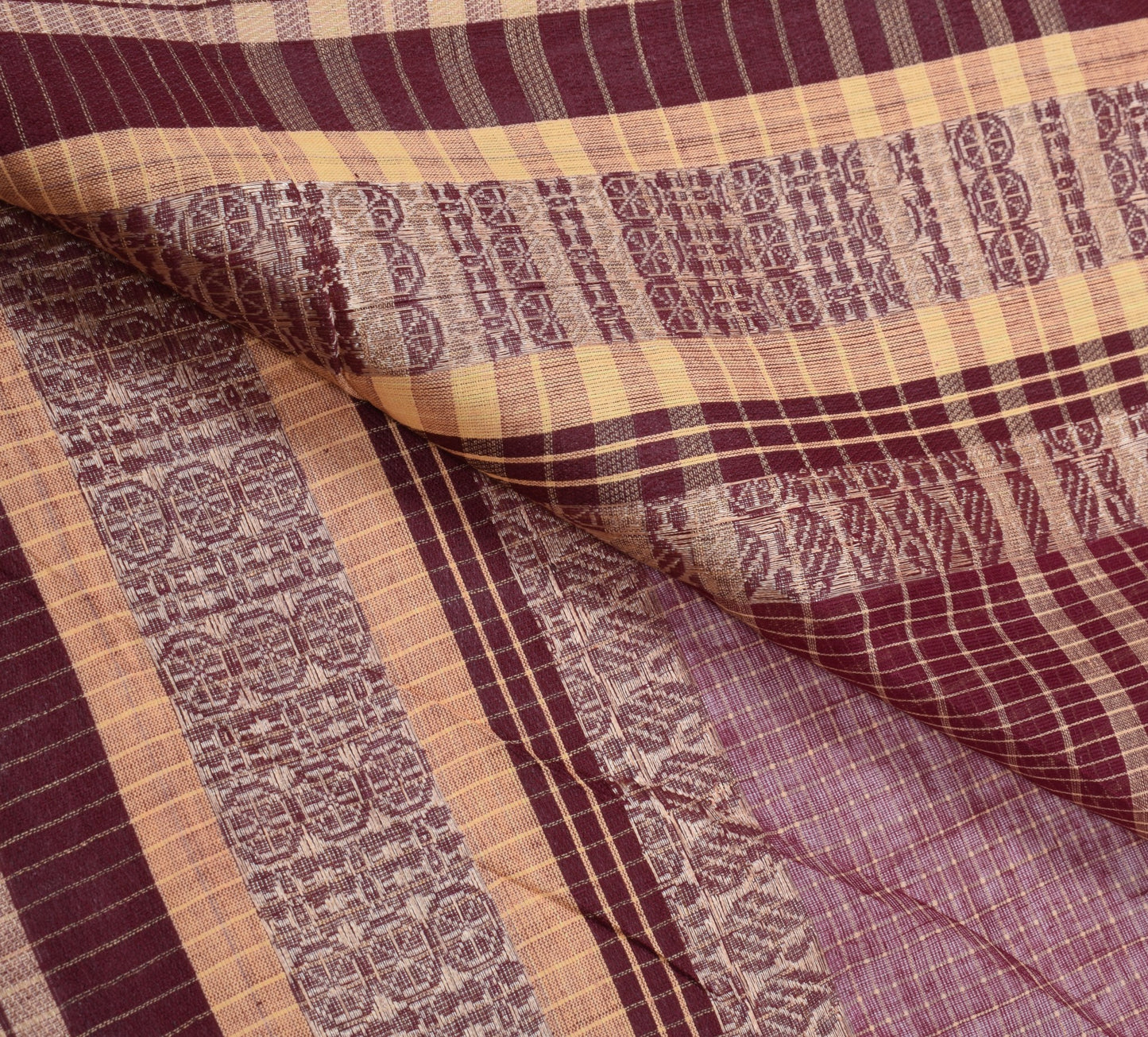 Sushila Vintage Maroon Checks Saree Pure Cotton Broad Border Woven Sari Fabric