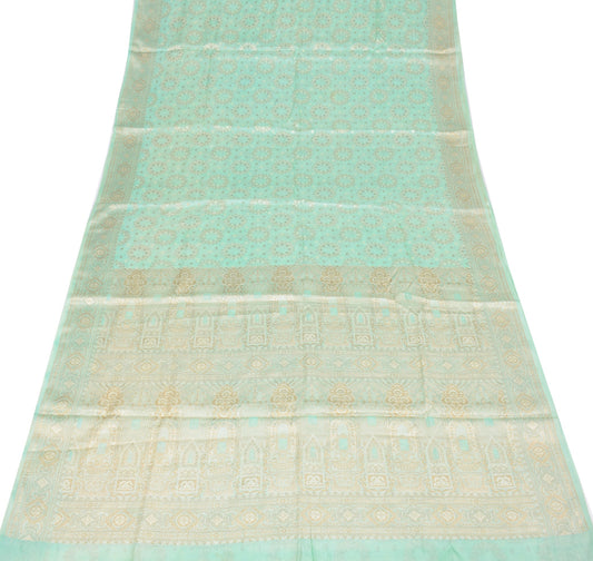 Sushila Vintage Aqua Green Saree Pure Tussar Silk Floral Woven Soft Sari Fabric