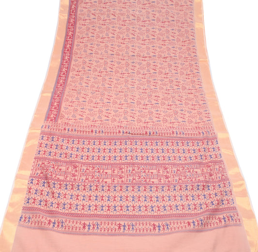 Sushila Vintage Peach Saree Pure Cotton Silk Hand Printed Warli Art Sari Fabric
