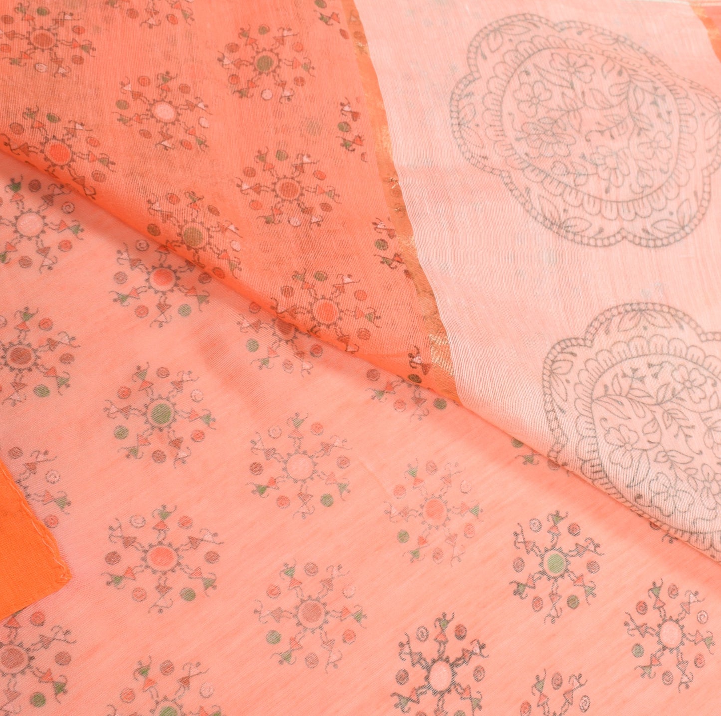 Sushila Vintage Peach Saree 100%Pure Cotton Silk Warli Print & Woven Sari Fabric