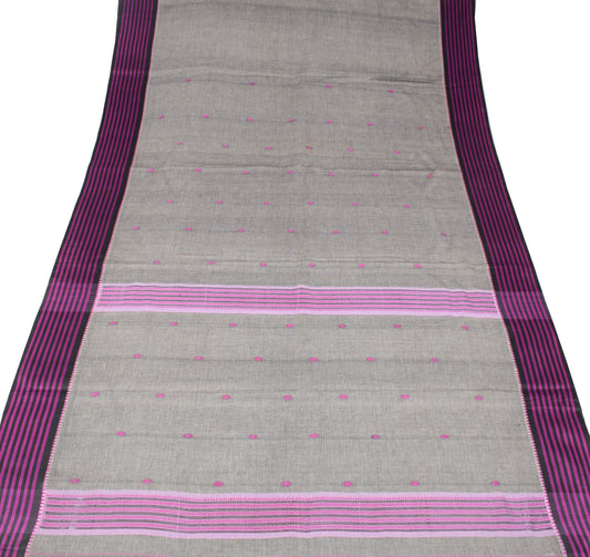 Sushila Vintage Gray Saree Purple Black Border Pure Cotton Handloom Sari Fabric