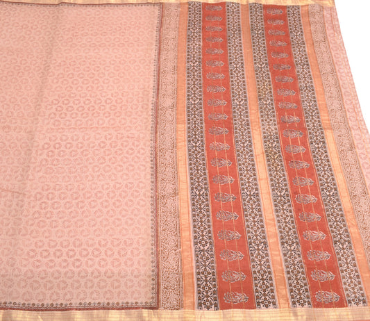 Sushila Vintage Pink Floral Saree Pure Cotton Silk Hand Block Woven Sari Fabric