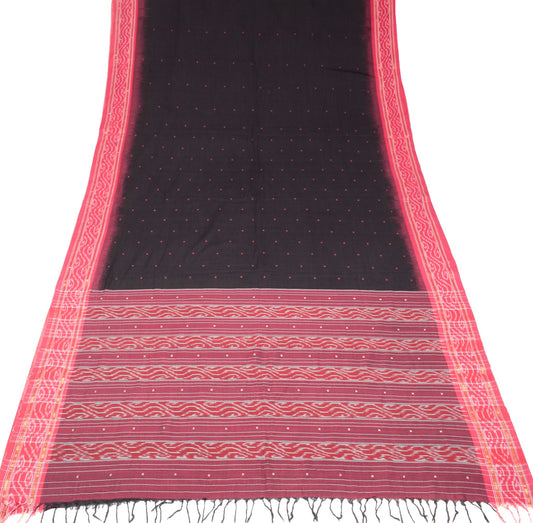 Sushila Vintage Pure Cotton Saree Black Red Hand Woven Ikat Patola Sari Fabric