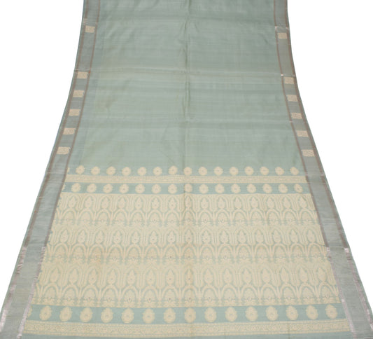 Sushila Vintage Pista Green Saree with Zari Border Pure Silk Woven Sari Fabric